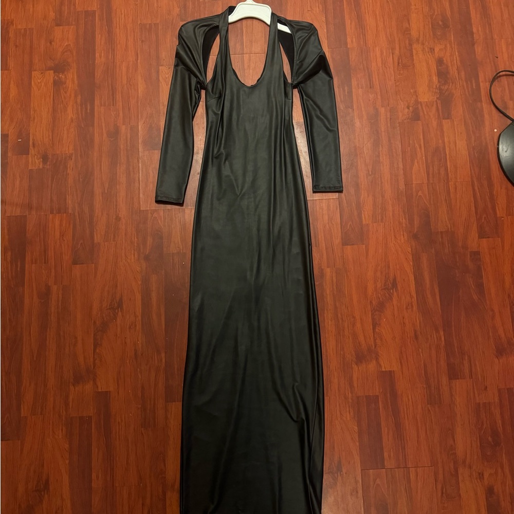 Elegant Black Maxi Pleather Dress